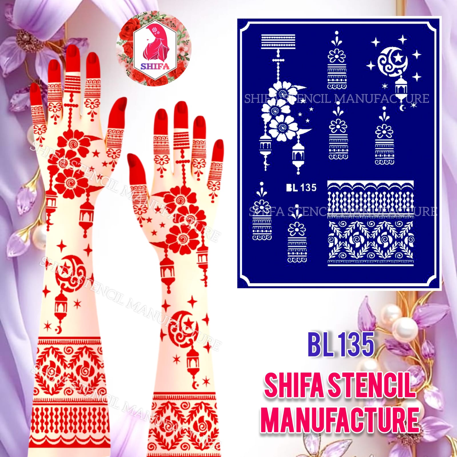 BL135 Starlit Crescent Bloom - Sticker Overview - Shifa Stencil Manufacturer